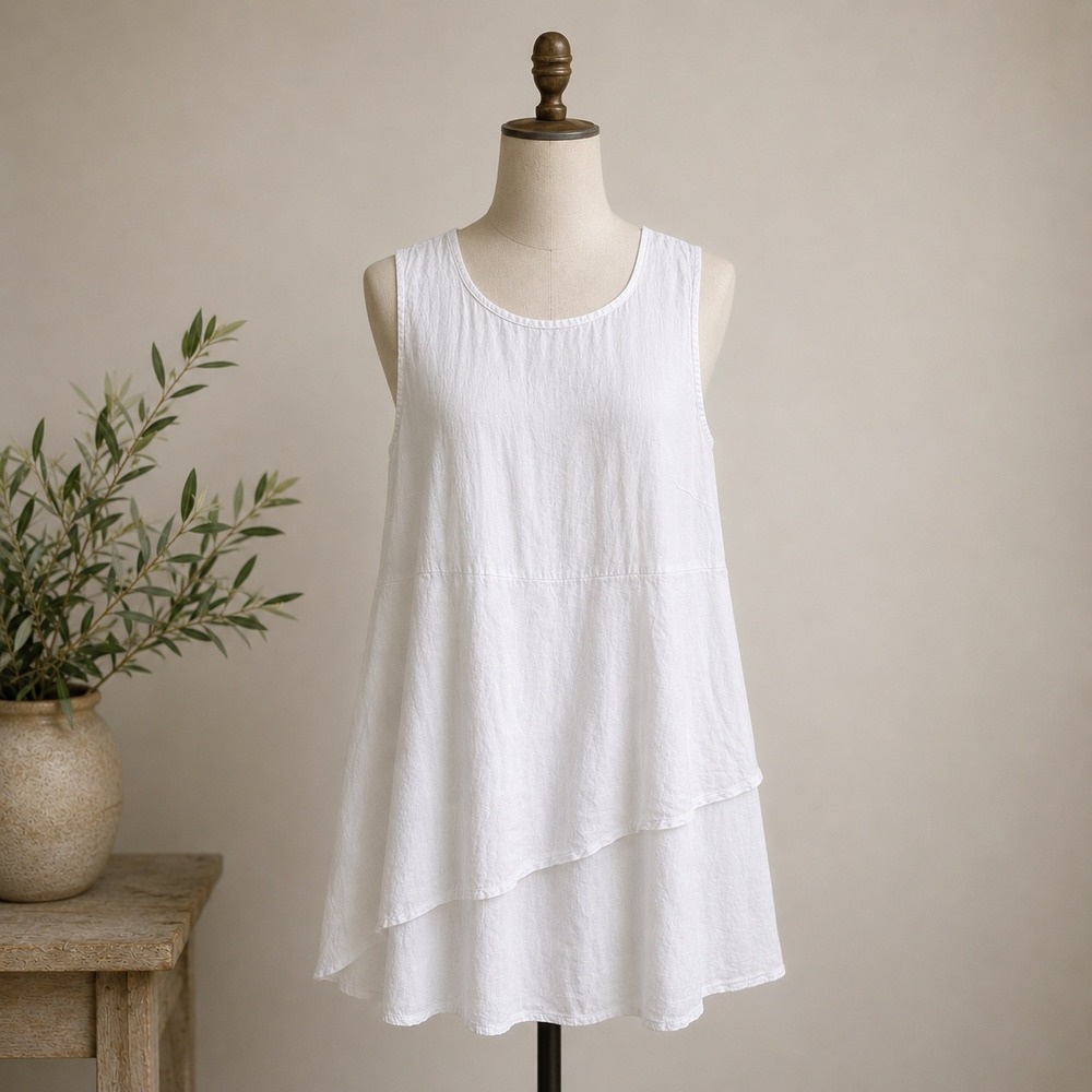 Ambra Linen Dress Women Small White Coastal Lagenlook Layered Asymmetrical Italy